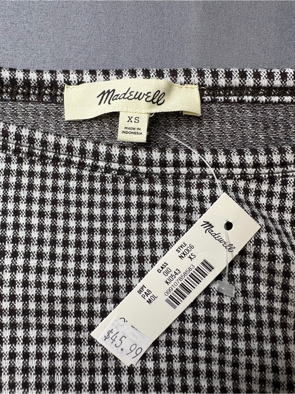 Madewell NWT Black & White Gingham Ruched Long Sleeve Top XS Lyocell Blend